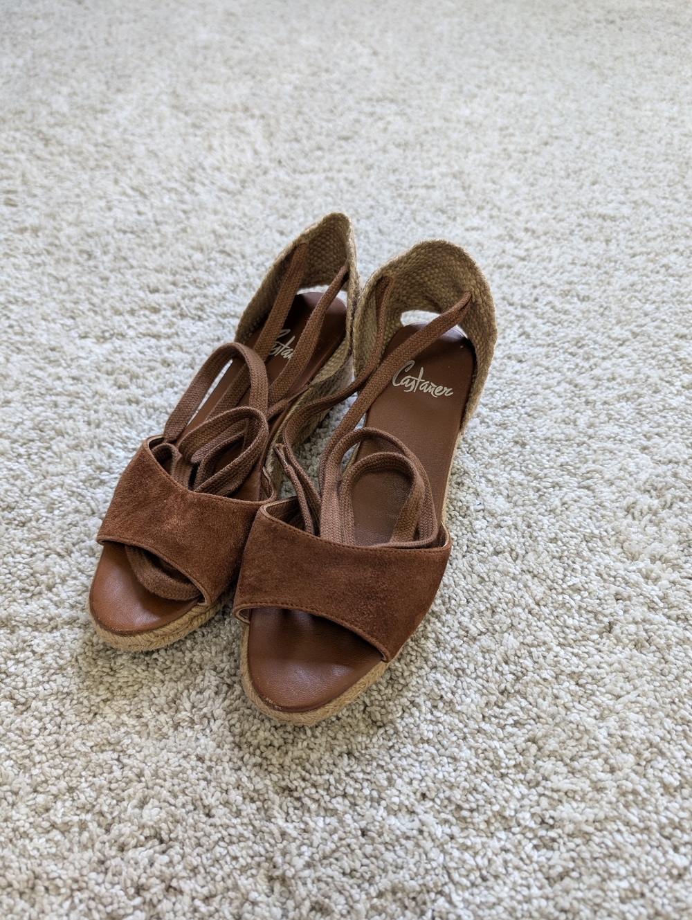 Castañer Tan Suede Espadrille Wedge Sandals with Ankle Wraps - Size 36